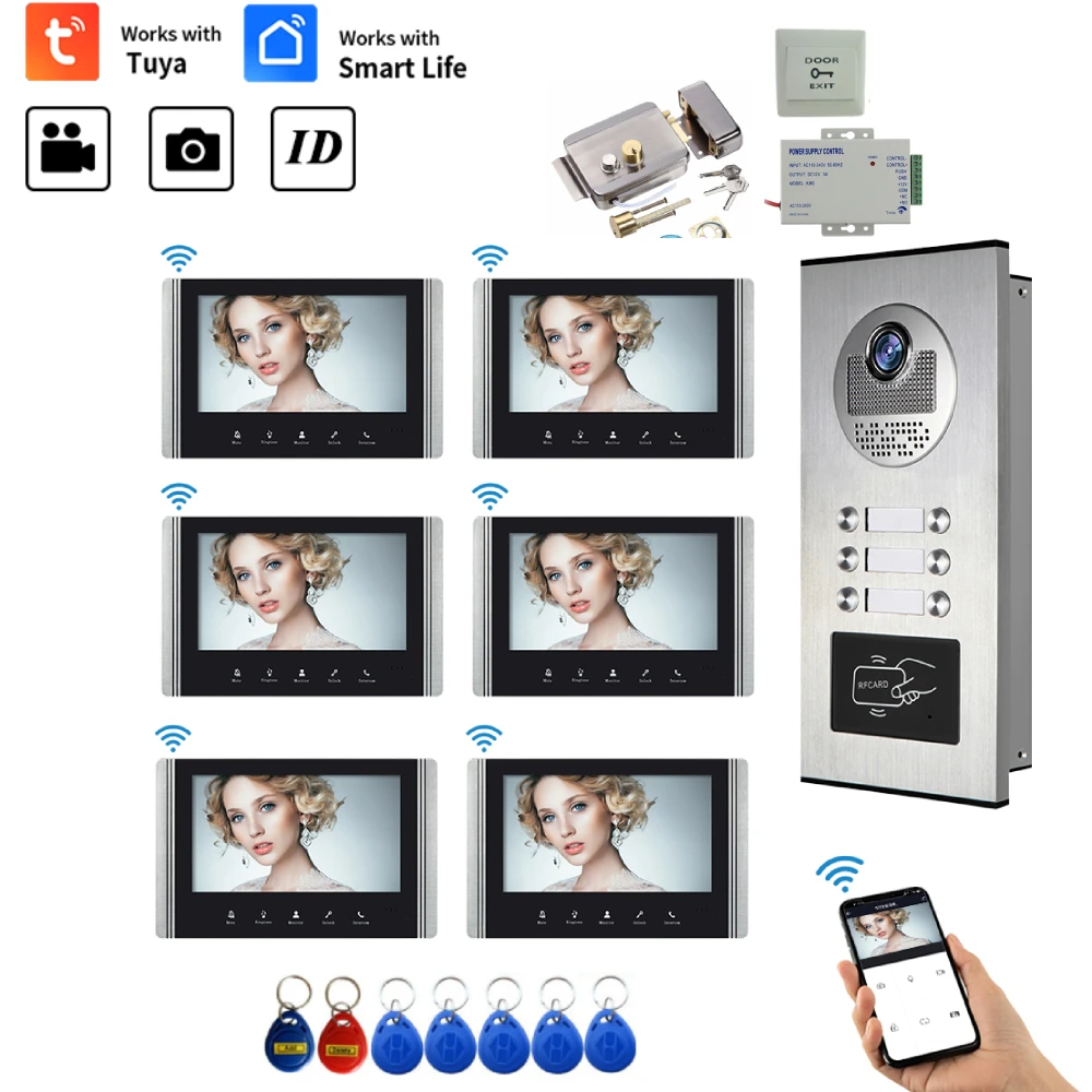 7 Inch Wifi Video Door Bell Intercom System with RFID Doorbell Camera 2~6 Family Multi nits Apartment Video Door Phone Intercom