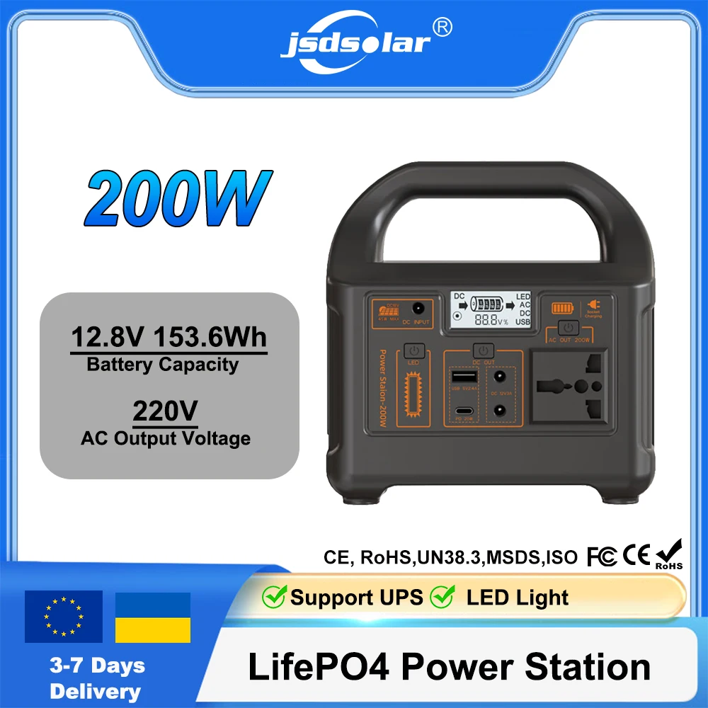 jsdsolar Estación de Energía Solar de Emergencia de 200W 153.6Wh, Generador Solar para el Hogar y Exteriores, Fuente de Alimentación para Camping y RV, 220V EU