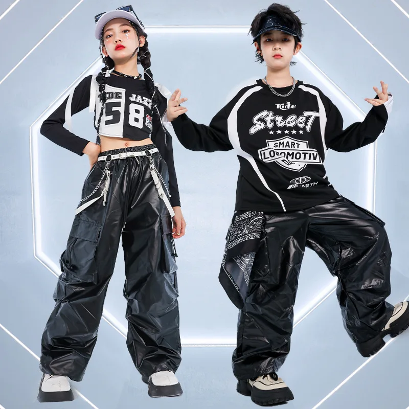 Kinder Street Dance Performance Outfit Motorradjacke Glänzendes Leder Show Off Mädchen Jazz Dance Kostüm Trendy Girl Group