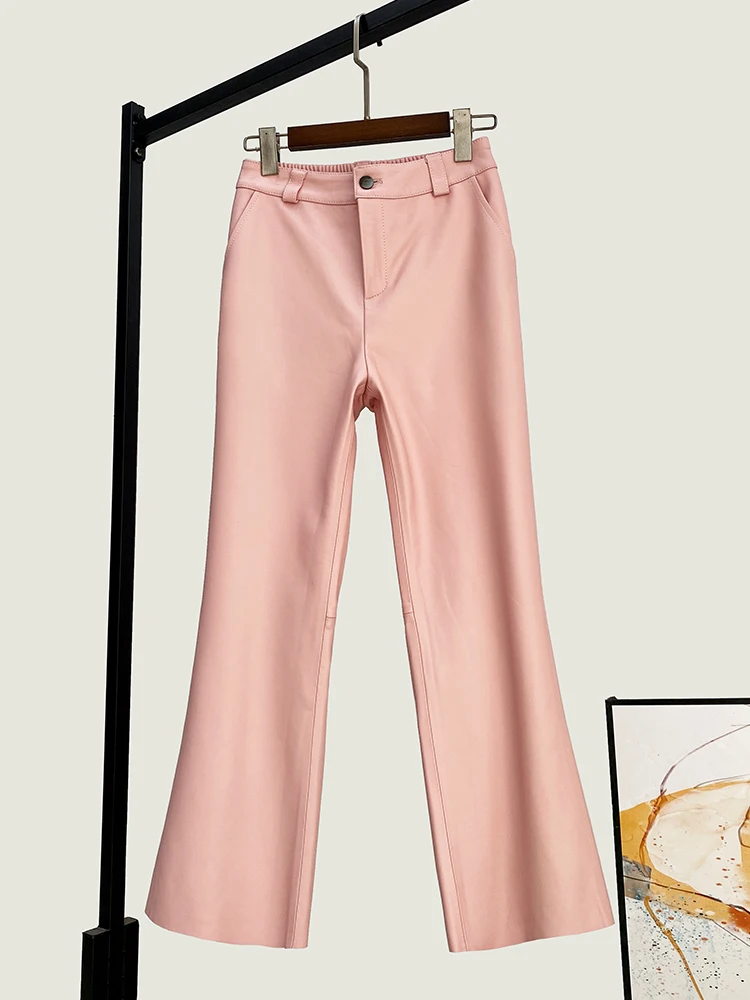 冬の新高品質本物の本革クロップドパンツ女性通勤オールマッチングミッドウエストブーツカットズボンシープスキン