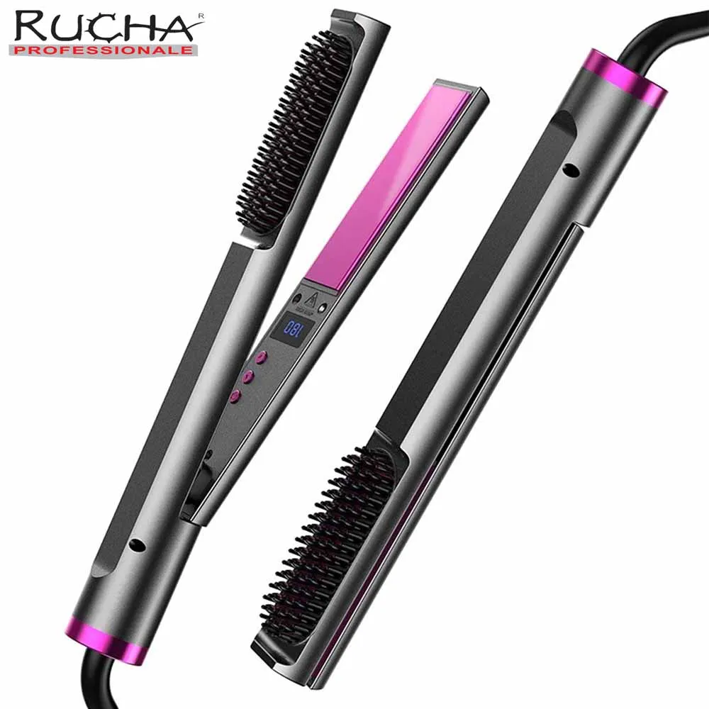 

Hair Straightener Brush 2 In 1 Hair Flat Iron Floating Plate Fast Heating 430°F Hair Styling Tools LCD Display Dual Voltage