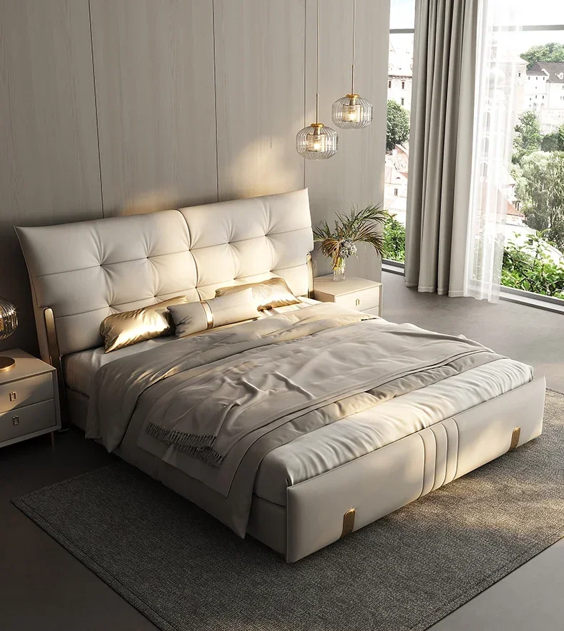 J w simples e moderno luz luxo cama de couro quarto principal atmosfera high-end novo saco macio cama de casamento 2 metros piso de madeira maciça