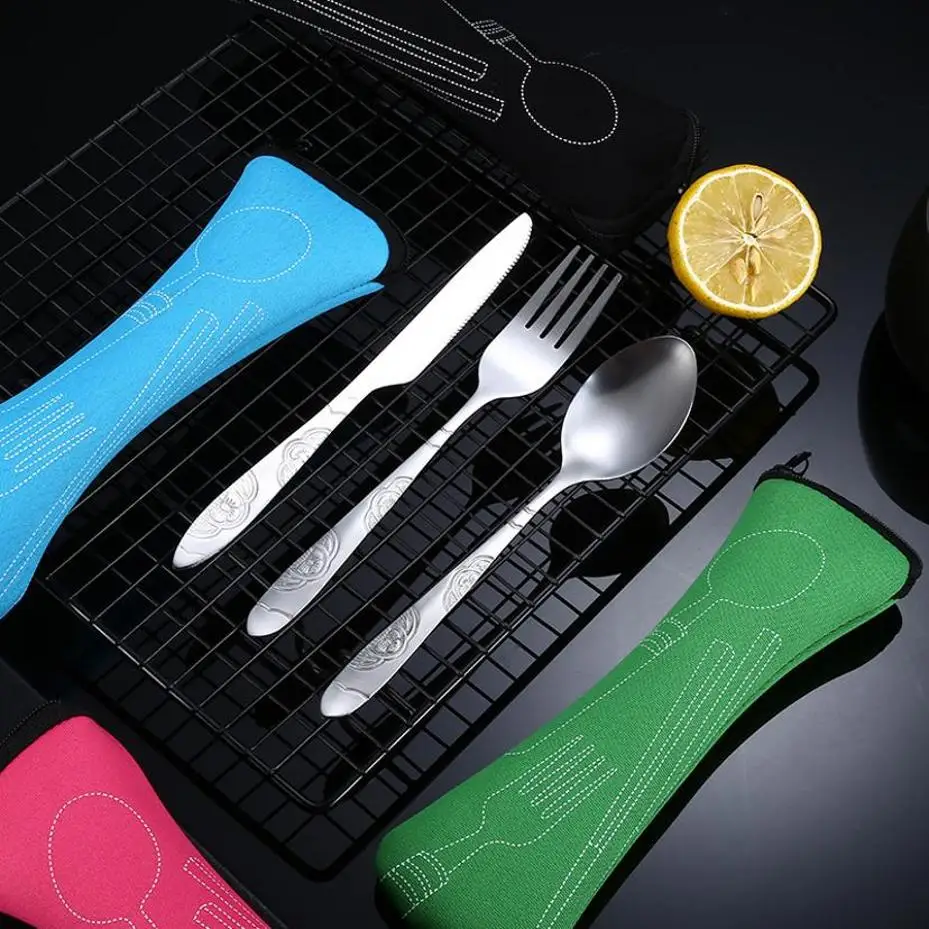 New 3 Pcs/set Dinnerware Portable Printed Stainless Steel Spoon Fork Steak Knife Set Travel Cutlery Tableware With Bag