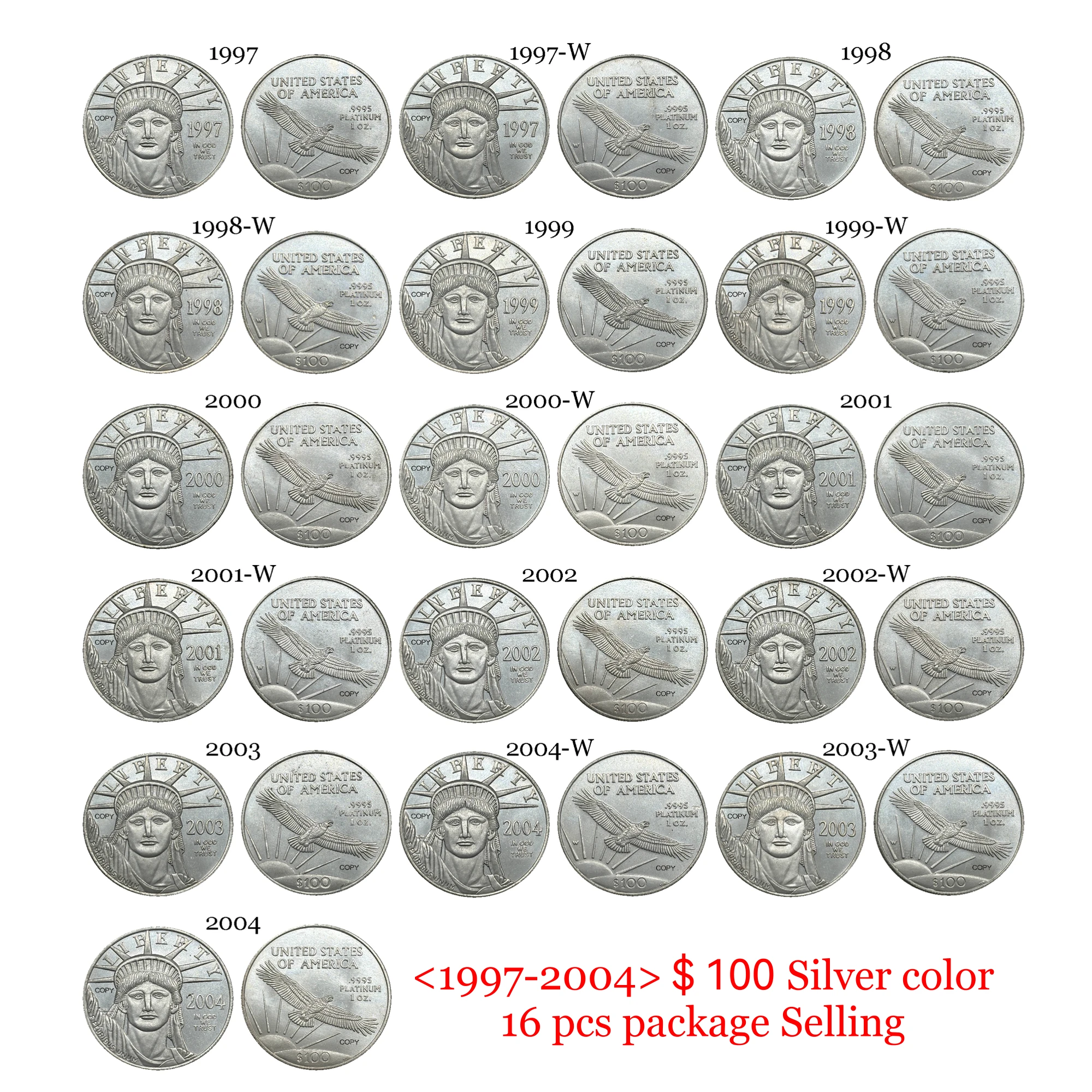 United States 1997-2004 Liberty 100 Dollars American Platinum Eagle Silver Plated US Copy Commemorative Moneda Collectible Coins