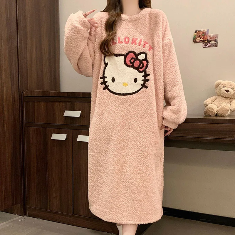 sanurgente-pyjama-a-col-rond-rose-dessin-anime-hello-kitty-pour-femme-pull-manches-longues-epais-doux-peluche-hiver