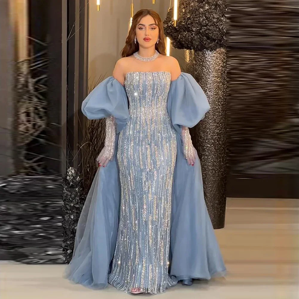 SERENE HILL Arabic Blue Luxury Beaded Mermaid Evening Dress 2025 Strapless Detachable Sleeves Women Wedding Party Gown CLA71823