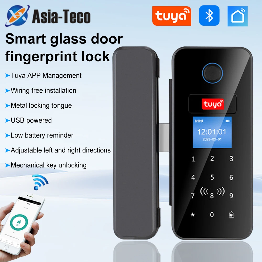 Tuya App Fingerprint Glass Door Lock Office Electronic Smart Card Lock with RFID Remote Control Tuya Wifi Gateway Keyless Entry