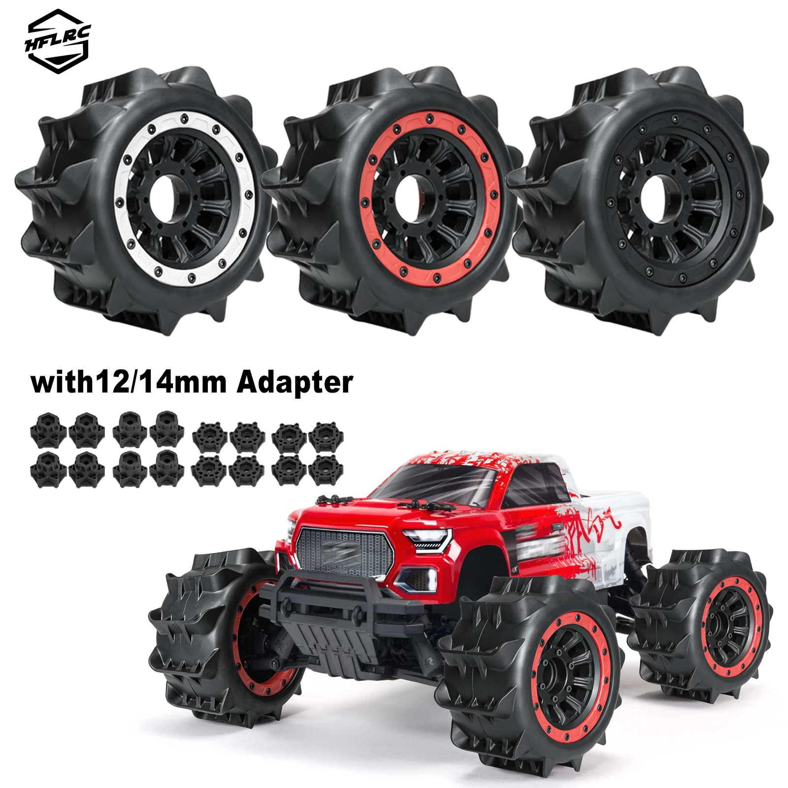 HFLRC 4PCS 1/10 RC Paddle Sand Tires Wheels 131mm 5.16in Beadlock Alloy Rim White Red Black 12mm 14mm Hex for Traxxas Stampede