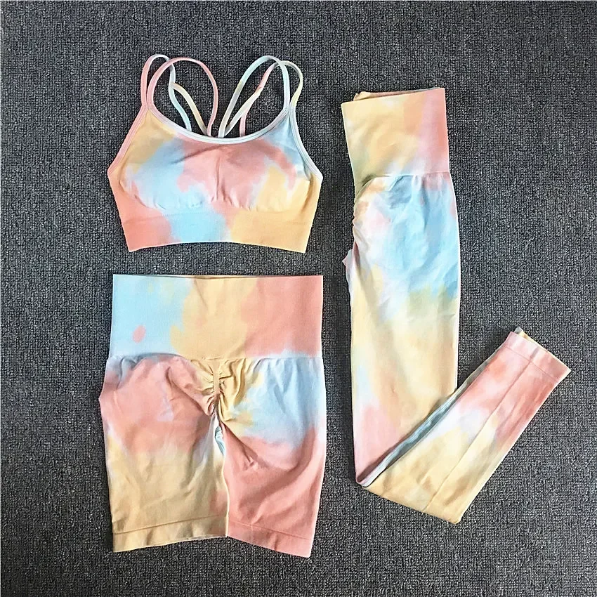 1/2/3Pcs Women Tie Dye Sportswear Yoga Set Workout Leggings Scrunch Leggings Gym Shorts Seamless Gym Sports Bra Yoga Tracksuit