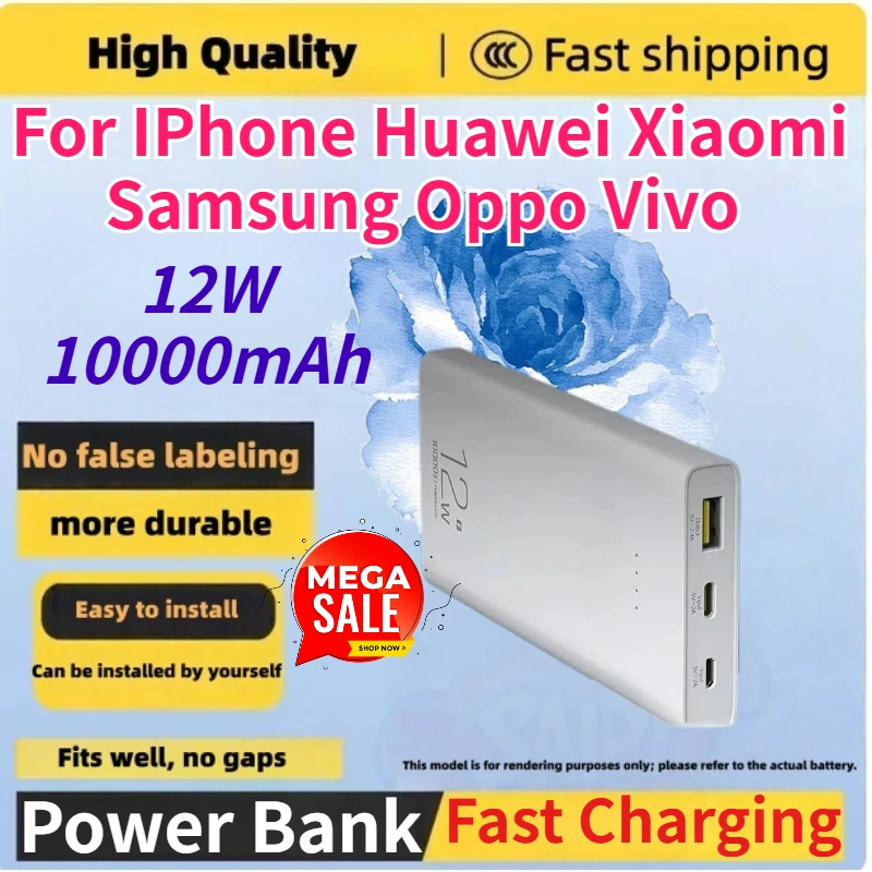 

10000mAh 12W Large Capacity PowerBank Mini Portable Slim Lightweight External Battery for IPhone Huawei Xiaomi Samsung Oppo Vivo