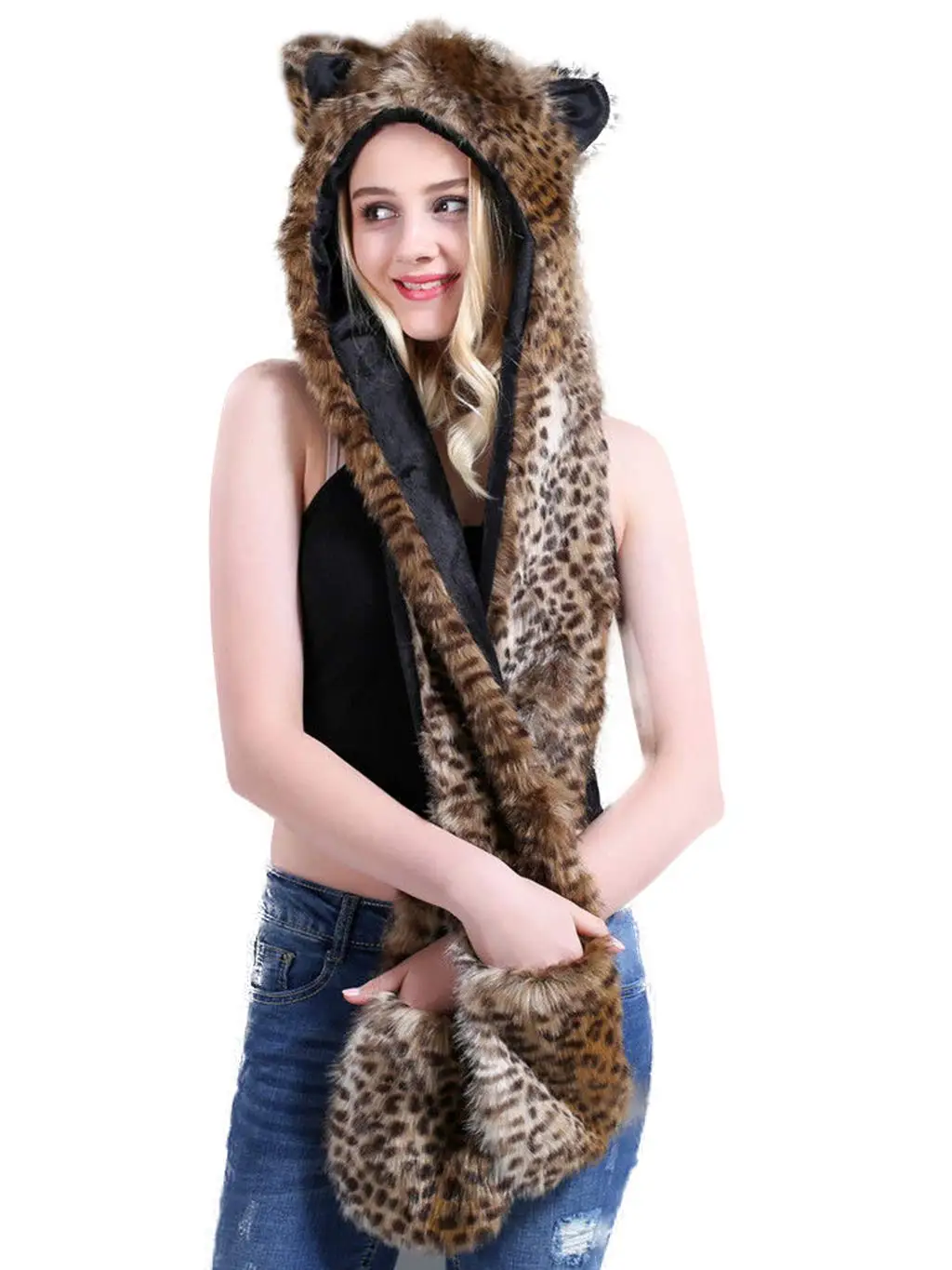 African Leopard ,Winter Novelty Faux Fur Hoods Animal Hat Scarf Gloves 3 in1 Fleece Hooded Plush Warm Earmuff Warcraft Cap