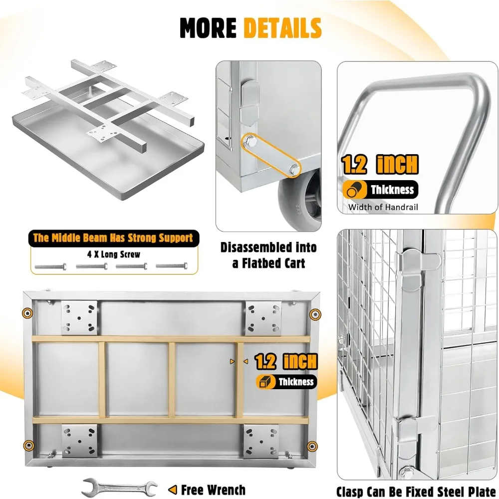 عربة شاحنة منصة قابلة للطي مع قفص ، عربة دفع للخدمة الشاقة ، دوللي ، تحميل 1600 رطل مع عجلات دوارة ، 4in 1