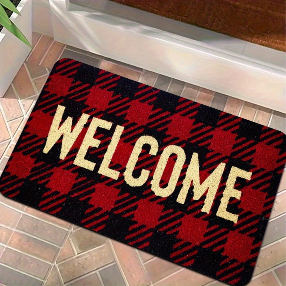 Vintage Buffalo Plaid Classic Welcome Slogan Pattern Print DoormatChristmas Vibe Front Porch Balcony Indoor Hallway Entry Mat