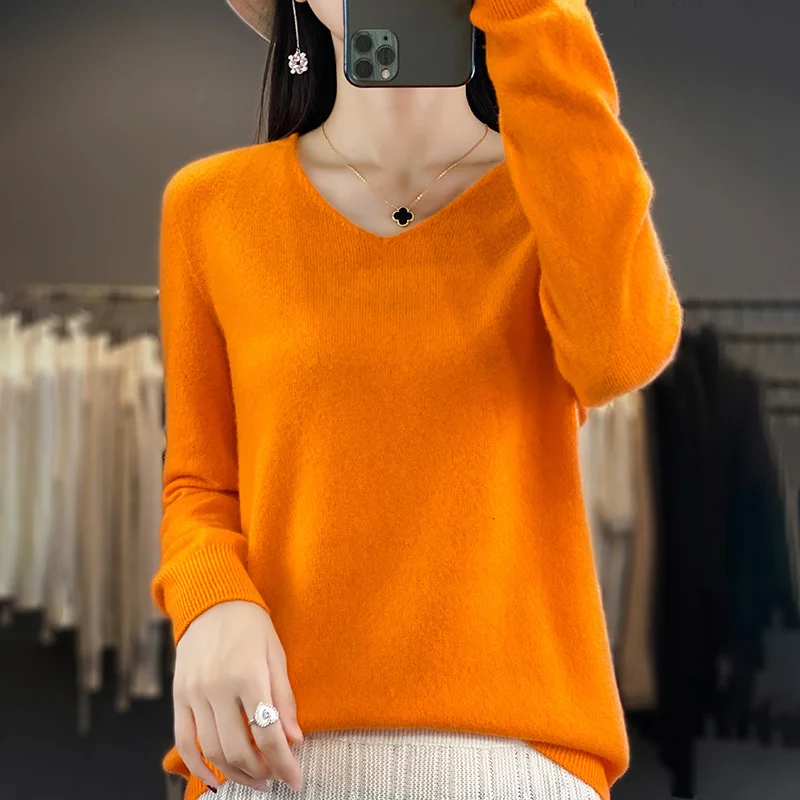 New 100% merino sweater in autumn and winter V-neck long-sleeved solid color basic loose solid color long-sleeved sweater