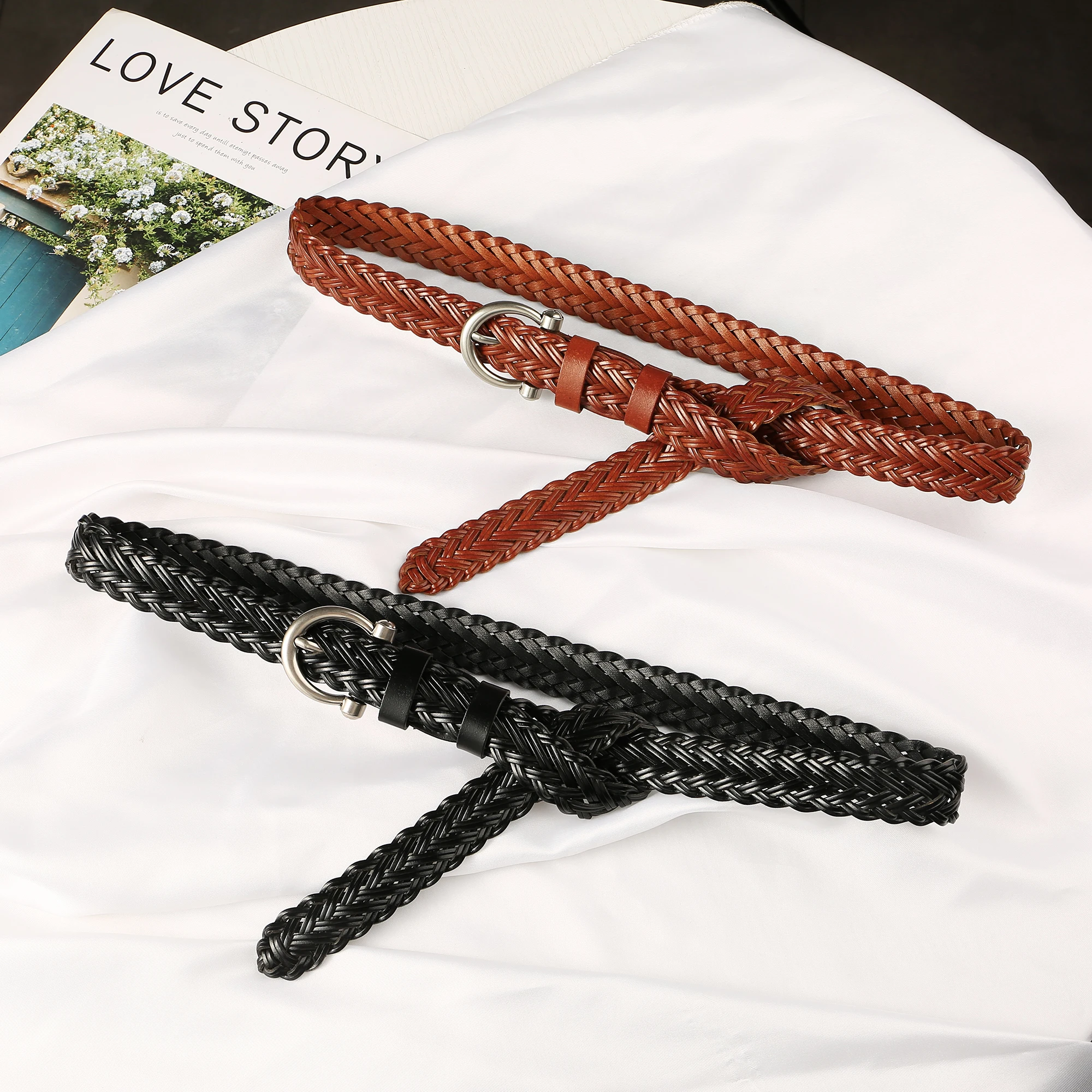 2026 Women's Braid Leather Belt Casual Skinny Woven Waist with Alloy Buckle Versatile Weave Design Belts for Dresses And Jeans