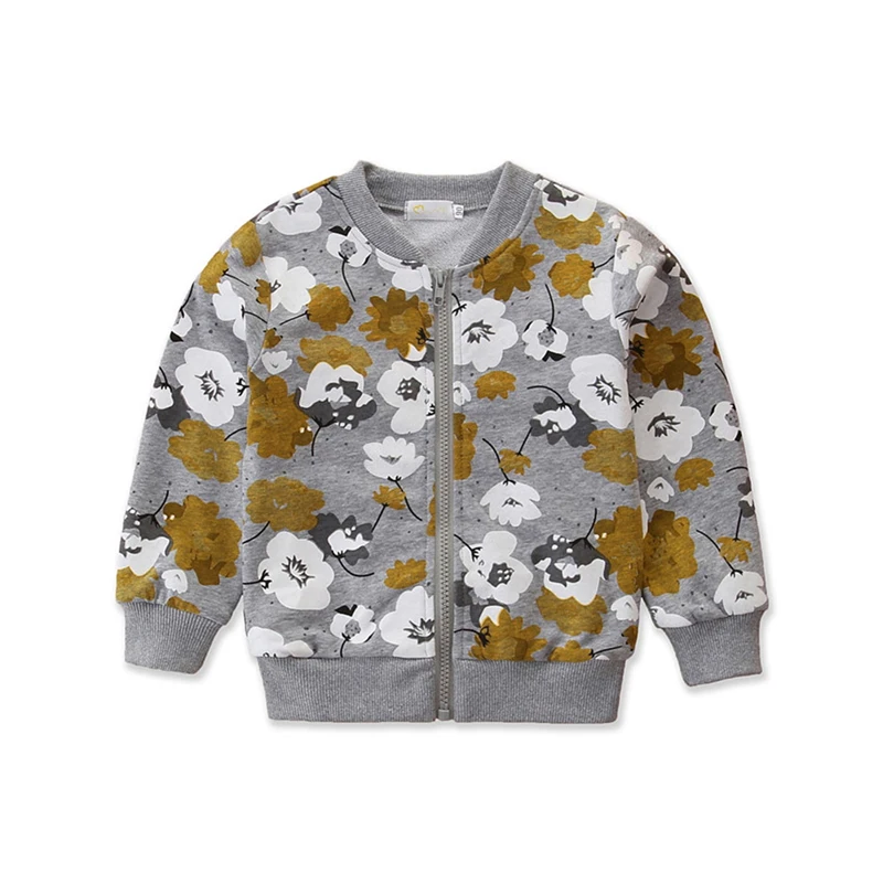 Kids Girls Fall Winter Jacket Long Sleeve Flower Print Zipper Closure Casual Outwear Clothes for Daily Wear