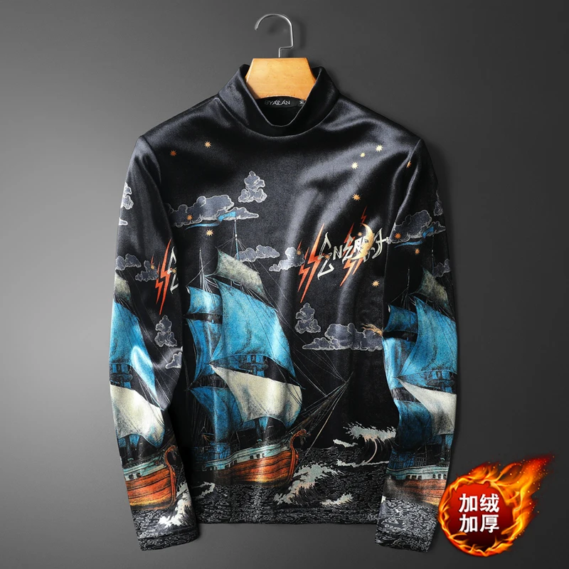 

3D Print Smooth Comfortable High-End Long Sleeve T Shirt For Men Winter Quality Velvet Thick Warm Casual Slim Boutique Camisetas