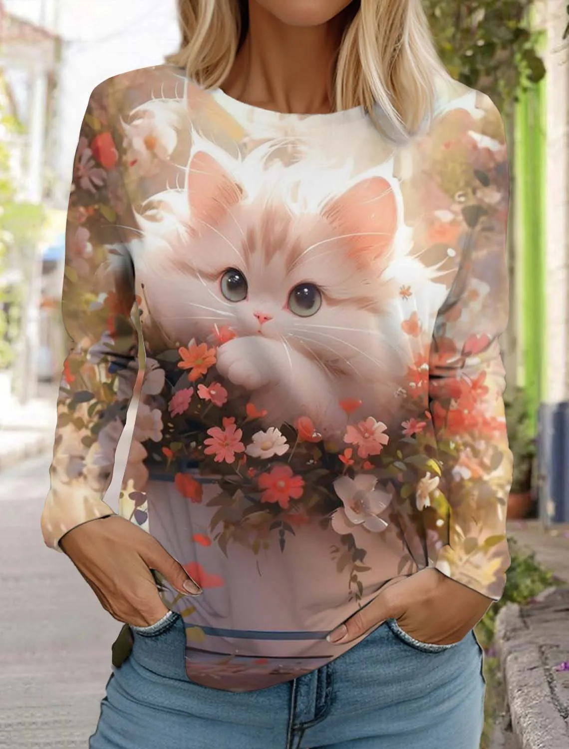 

Plus Size Cute Cat Women Long Sleeves T-Shirt Round Neck Long Sleeved Autumn Animal Clothing Holiday Gift Clothing Party T-Shirt