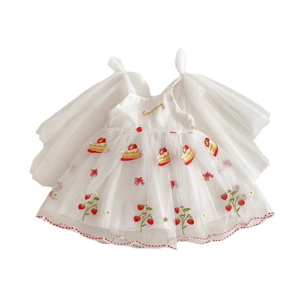 Vestido de malha camisola de verão para meninas, vestido de flores bordado infantil, novo vestido doce, roupa de performance de banquete