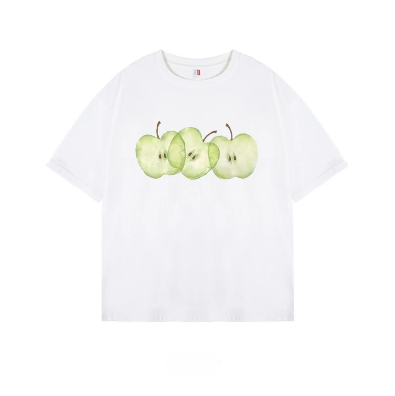 2026 Simple Design Fun Apple Pure Cotton Printed T-shirt Summer New Men's and Women's Loose T-shirt Loose Fashion Casual T-shirt