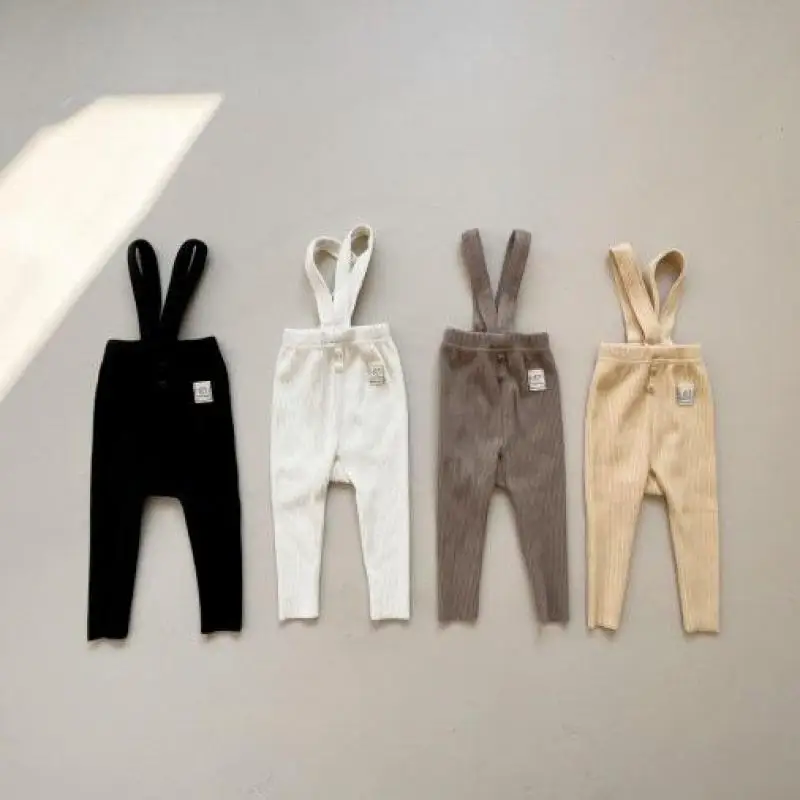 Spring Autumn New Children Solid Overalls Boy Baby Ribbed Fashion Leggings Girl Infant Cotton Suspenders Pants Toddler Trousers