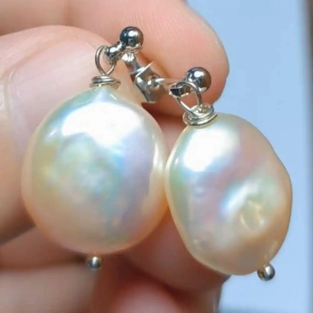 

15-16MM Natural AAA Baroque White Coin pearl Earrings 14K Classic Freshwater Beautiful Ear stud Holiday gifts Cultured