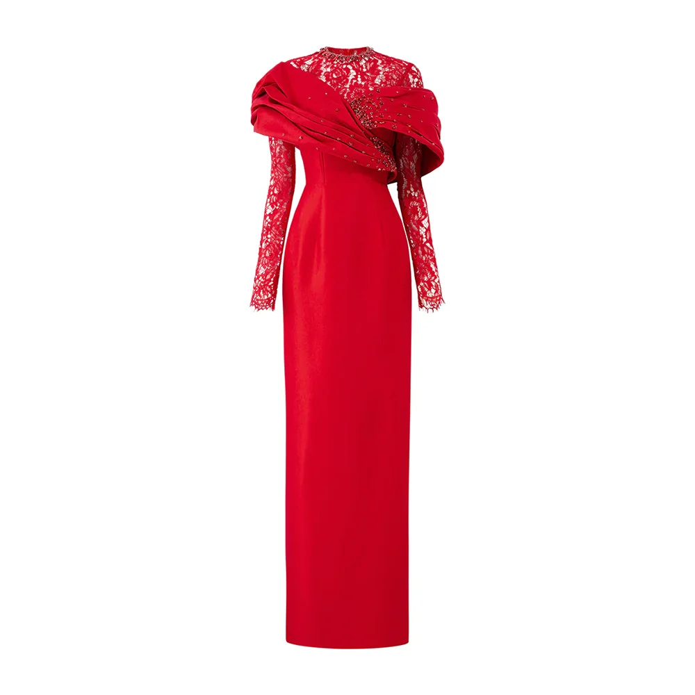 

Red Evening Dresses for Women 2025 O-Neck Lace Long Sleeves Evening Gowns Column Back Split Formal Party Dress Customized