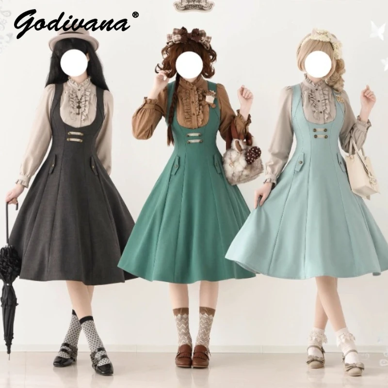 

Original 2026 New Spring Vintage Women's Elegant High Waist Chest Support Tank Dress Long Sleeve Shirt Slim Suspender Dress Set