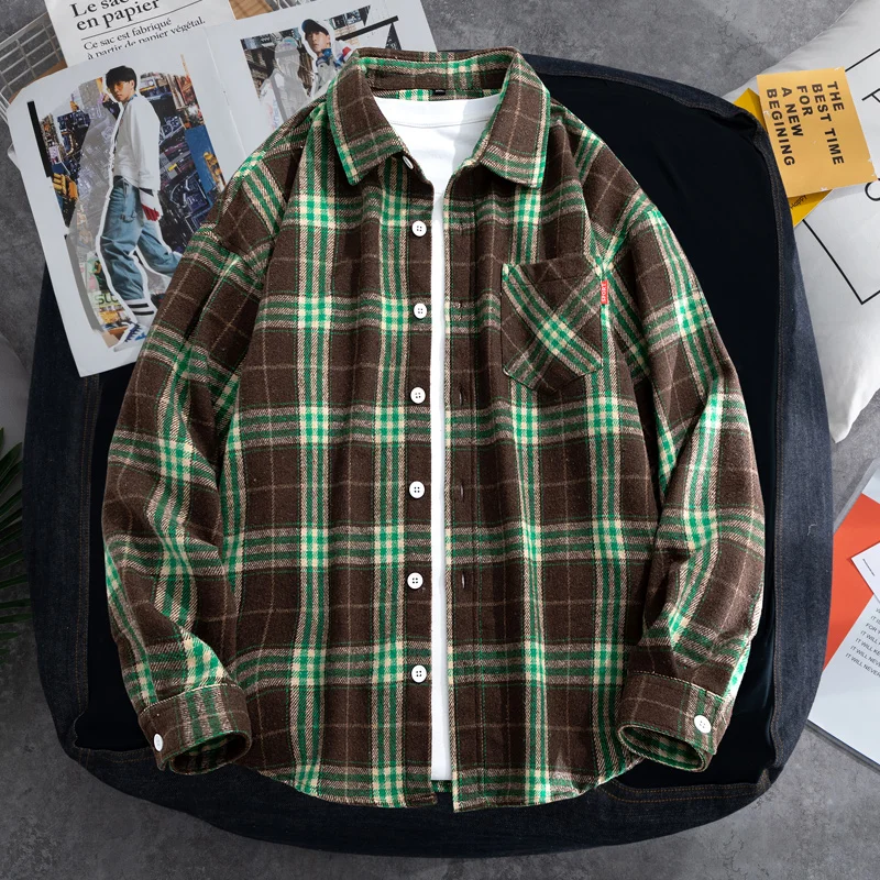 plus size Men's Shirts Button-Up Classic Plaid Casual Shirt Long Sleeved Chest Pockets Design Spring Autumn Men Tops