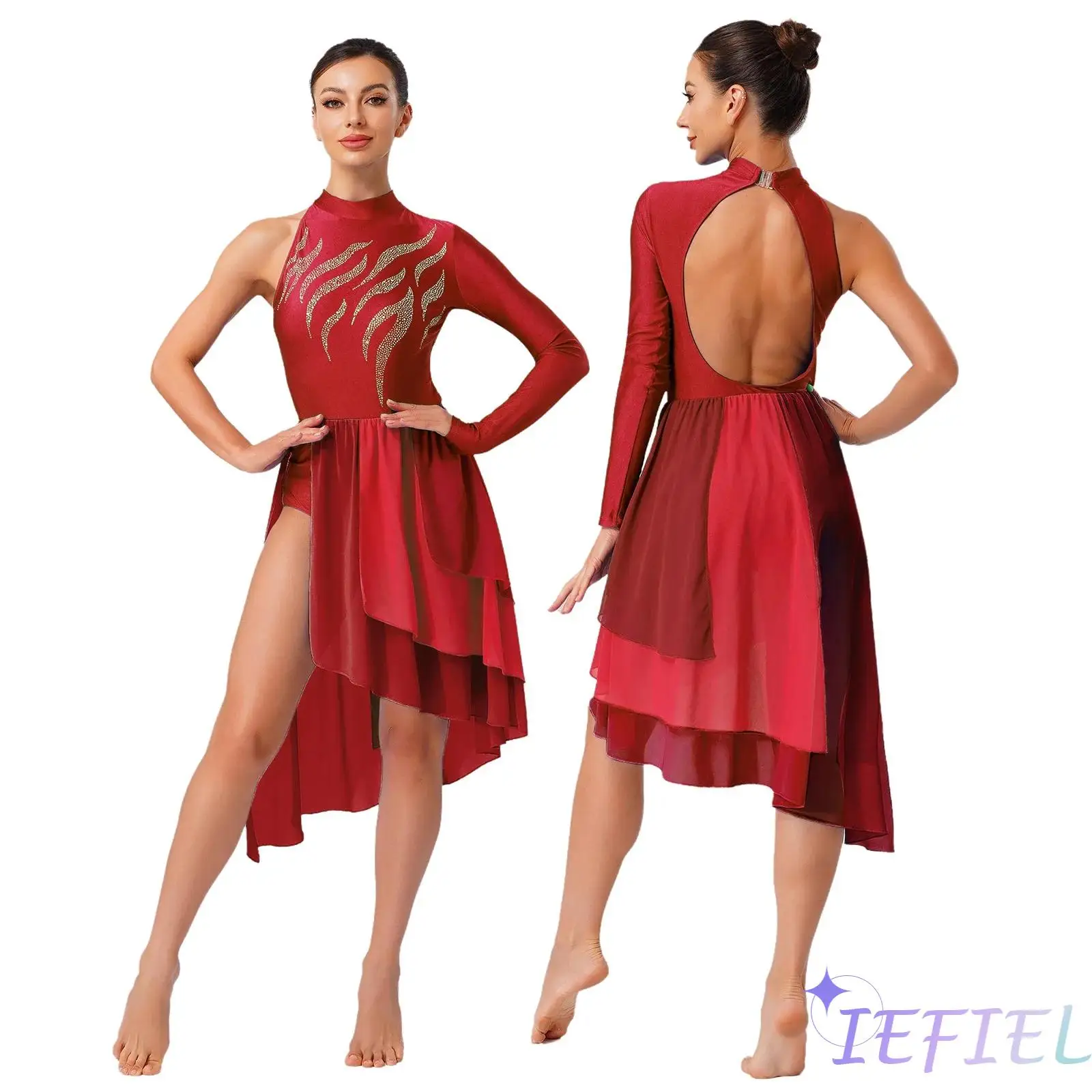 

Elegant Contemporary Dance Dress for Women – Flowy High-Slit Stretchy Mock Neck Performance Dress for Modern & Lyrical Dance