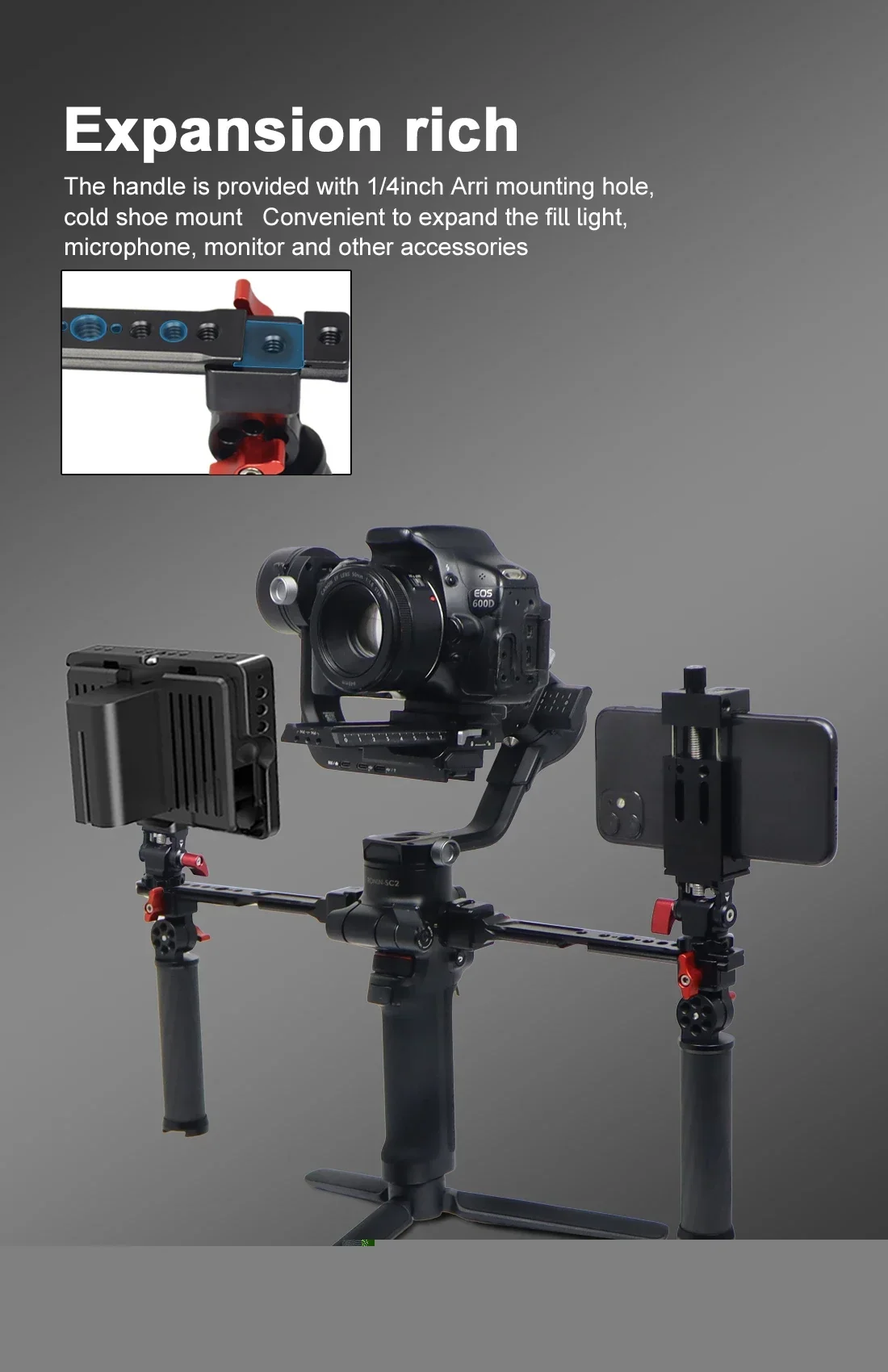 Powerwin Gimbal Handgrip for DJI Ronin RS3 RS2 RSC2 RS Stabilizer Monitor Dual Carbon Handle Grip 180 Adjustable Clamp Bracket