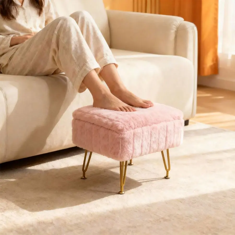 

Маленький пуф-тумба для хранения с золотыми металлическими ножками и мягким сиденьем, подставка для ног из искусственного меха для дивана, розовый