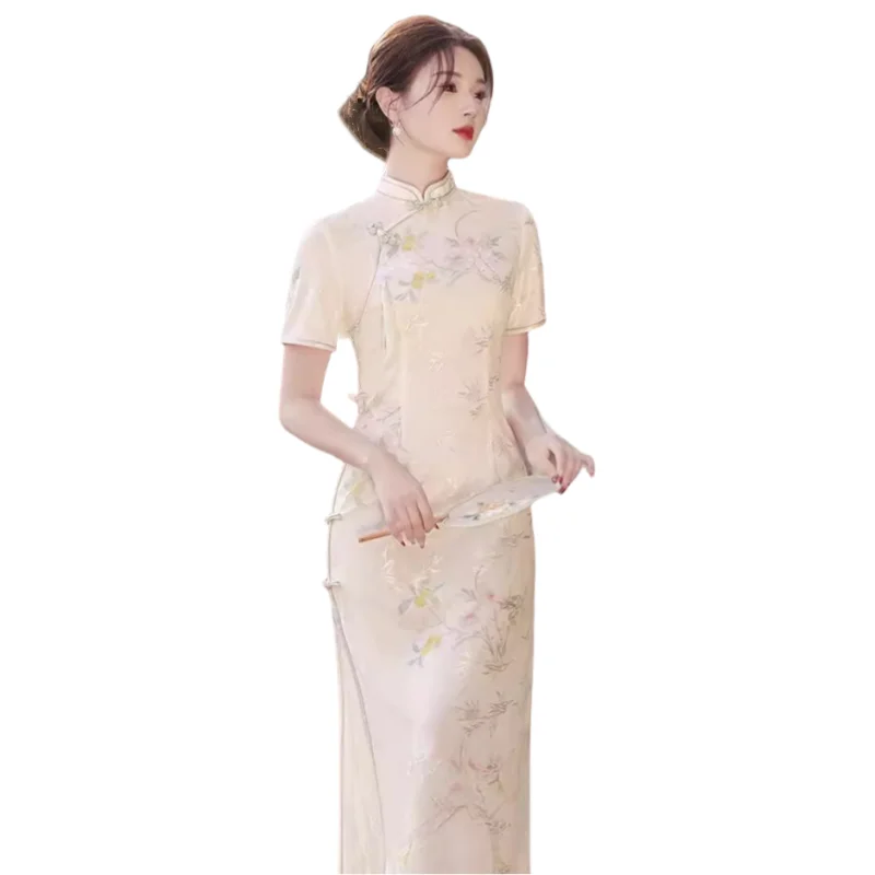 Chinese Retro Improved Costume Jacquard Composite Length Cheongsam Stand Collar Short Sleeved Side Slit Slim Fit Dress for Women