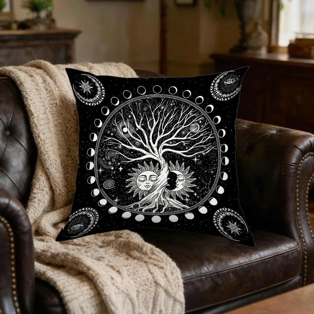 1Pc Bohemian Black Moon Phase Tree Of Life Print Cushion Cover Soft Fabric For Sofa Bed Home Decor