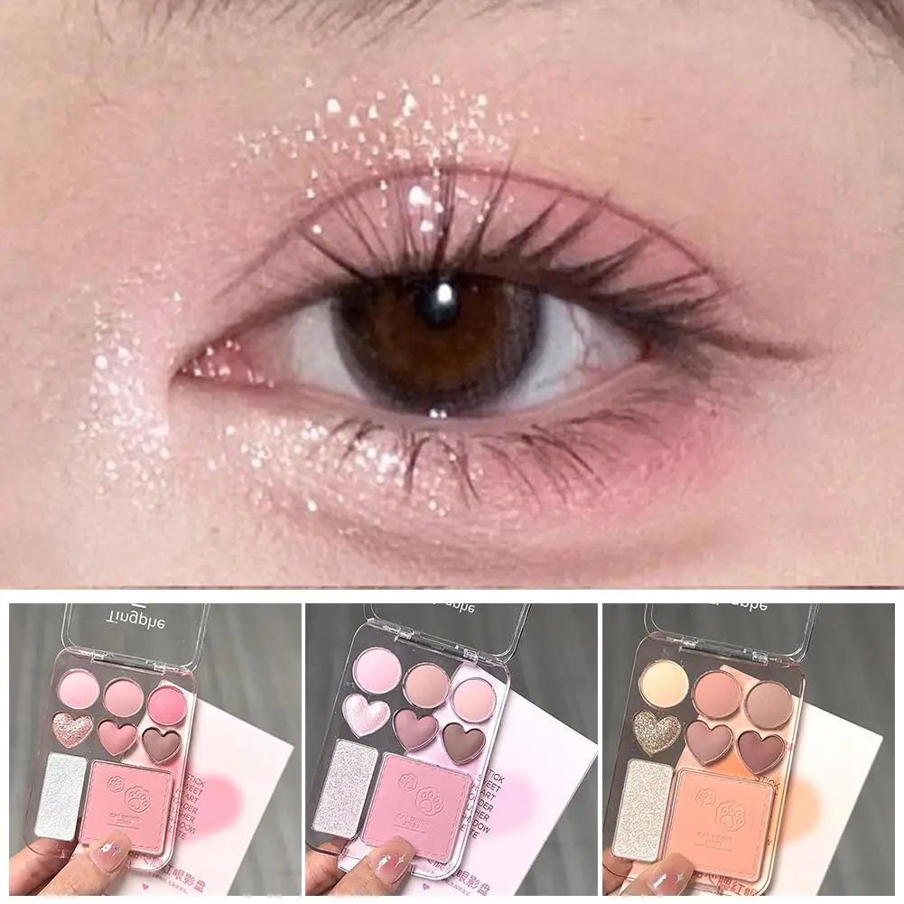 8-Color Pink Orange Eyeshadow Palette Facial Blusher Highlighter Lasting Eye Makeup Cosmetics Heart-shaped Brightening Shad T8Q6