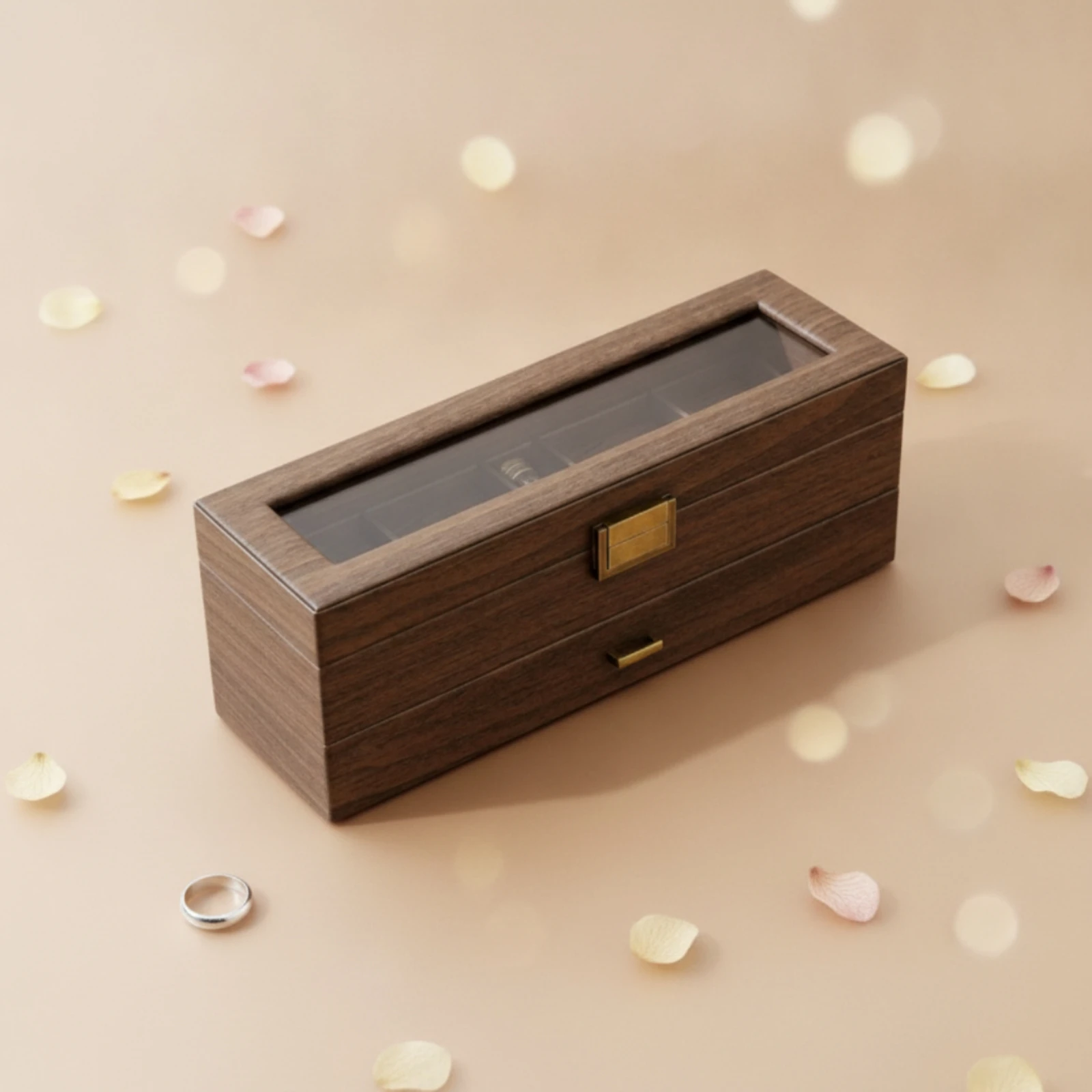 Watch Display Case with Glass Lid 6-Slot Watch Box with Drawer Jewelry Drawer Organizer Wooden 2-Layer for Dresser, Bedroom