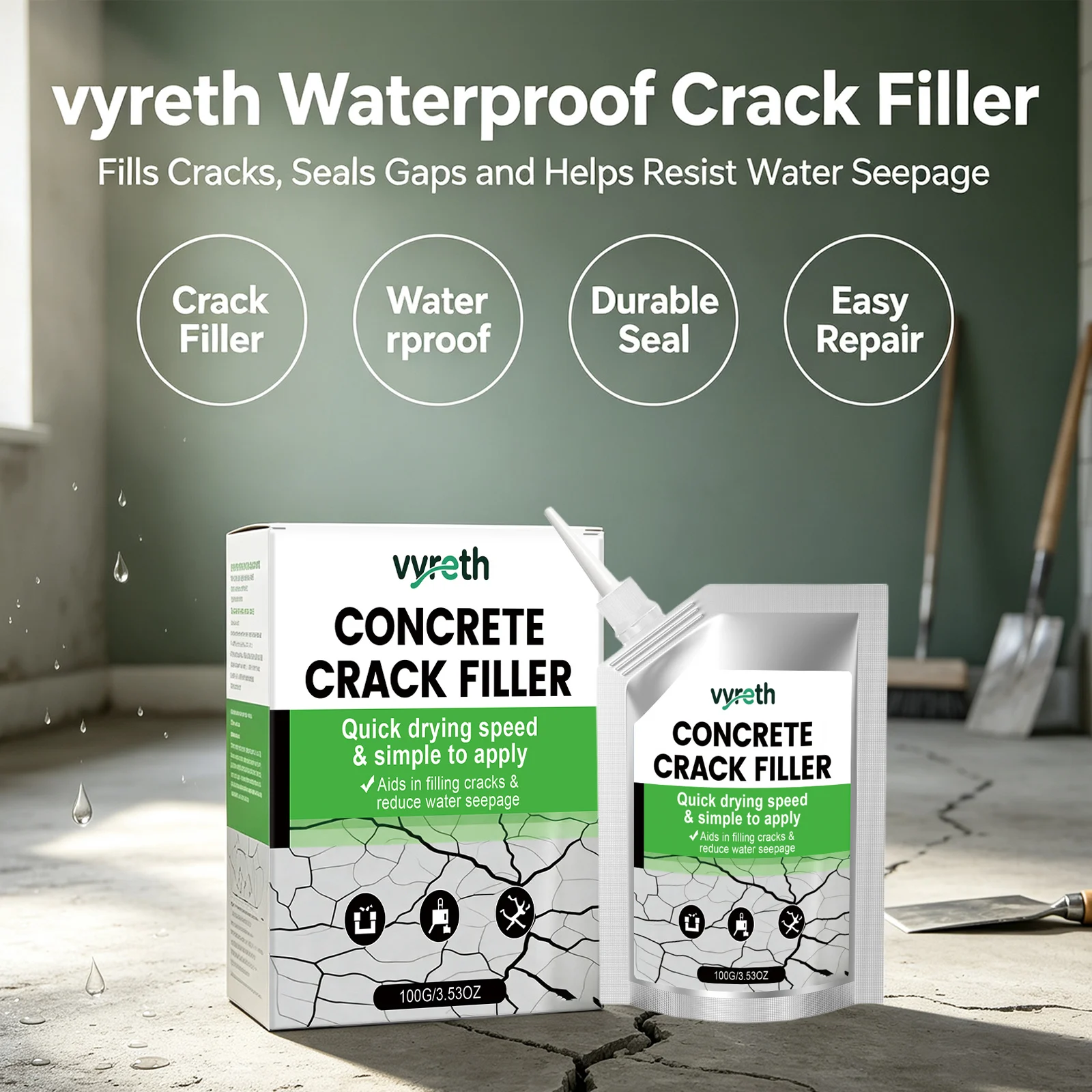 Vyreth Concrete Crack Filler Repair Cracks Reduce Water Seepage Waterproof Quick‑dry Self‑leveling Sealant Gap Repair Compound