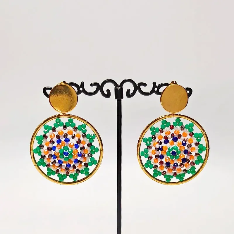 Beaded earrings Roundness Bohemia Weave a dream web Hand knitting Alloy Crystal Originality Female Simple Rice bead earrings