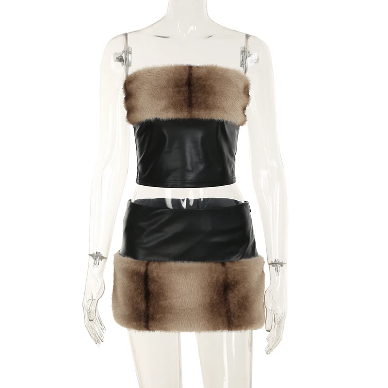 SUCHCUTE Gothic Faux Fur Splicing PU Leather 2 Piece Set Women Strapless Tube Top+Retro Mini Skirts Club Party Winter Warm Suit