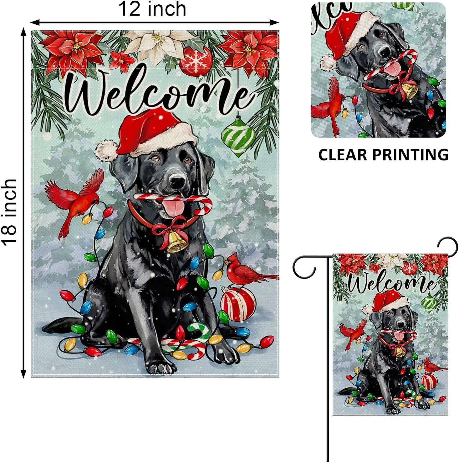 Welcome Christmas Black Labrador Dog Decorative Garden Flag, Xmas Winter Pet Cardinal Poinsettia Yard Outside Decorations Dog Lo