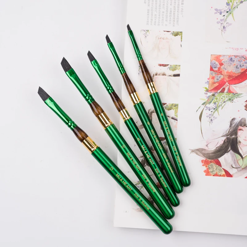 Dark Green Mini Pen Squirrel Hair Mixed Artist Watercolor Painting Brush Brass Cap Flat Slant Oval Head 220 MU HE ART