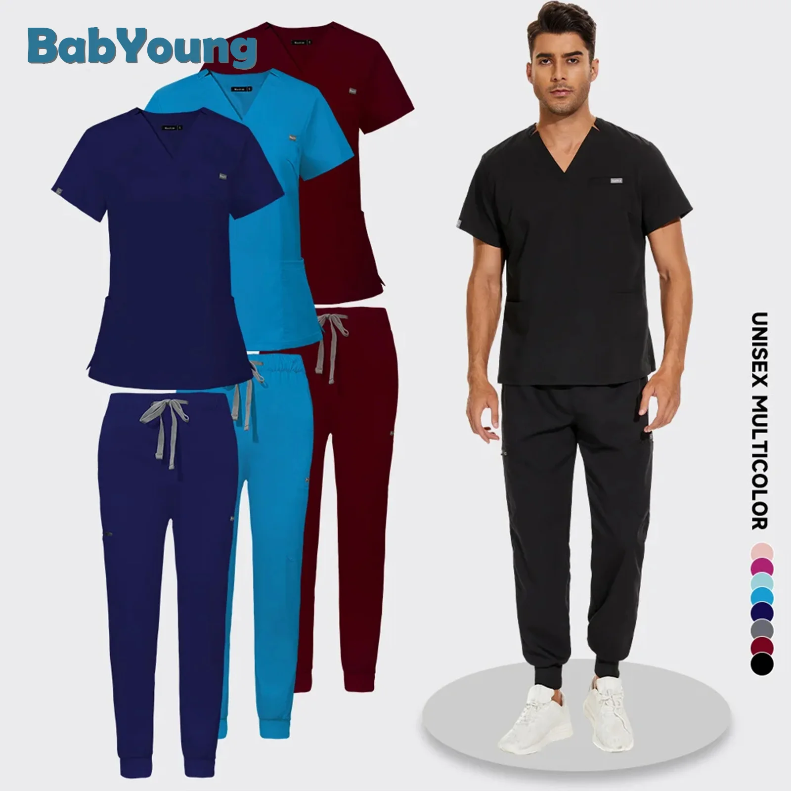 

Hot Sales Elastic Nurse Uniform Women Short Sleeve Scrub Tops Working Pants Jogger Blouse Doctor Working Spa Nursing Scrubs Sets