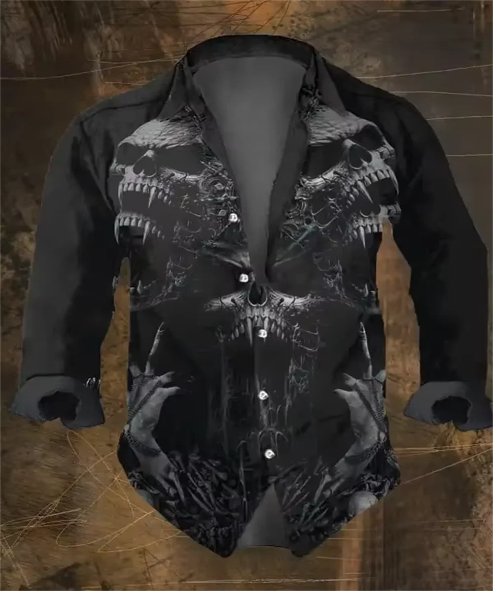 

Fashion Men's Vintage Dark Skull Prints Long Sleeve Shirts Skull Prints Black Tops Regular Fit,Lapel Collar Polyester Streetwear