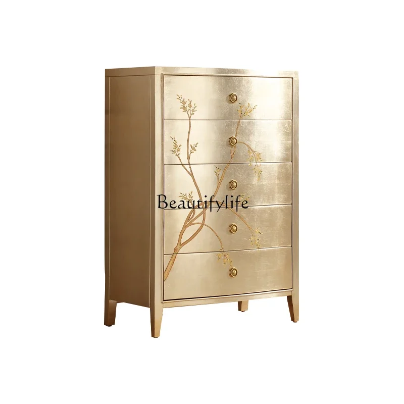 

French light luxury solid wood painted chest of drawers European champagne silver foil drawer locker