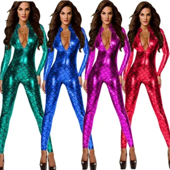 여성용 섹시한 프린트 피쉬 스케일 특허 가죽 바디수트, 긴팔 지퍼 스키니 바디콘 점프수트, 테디 란제리 캣수트