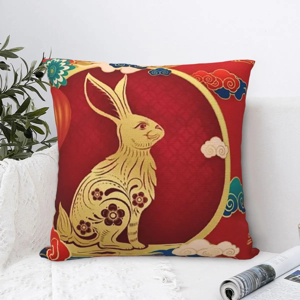 Year Of The Rabbit Square Pillowcase Polyester Pillow Cover Velvet Cushion Decor Comfort Throw Pillow For Home Sofa