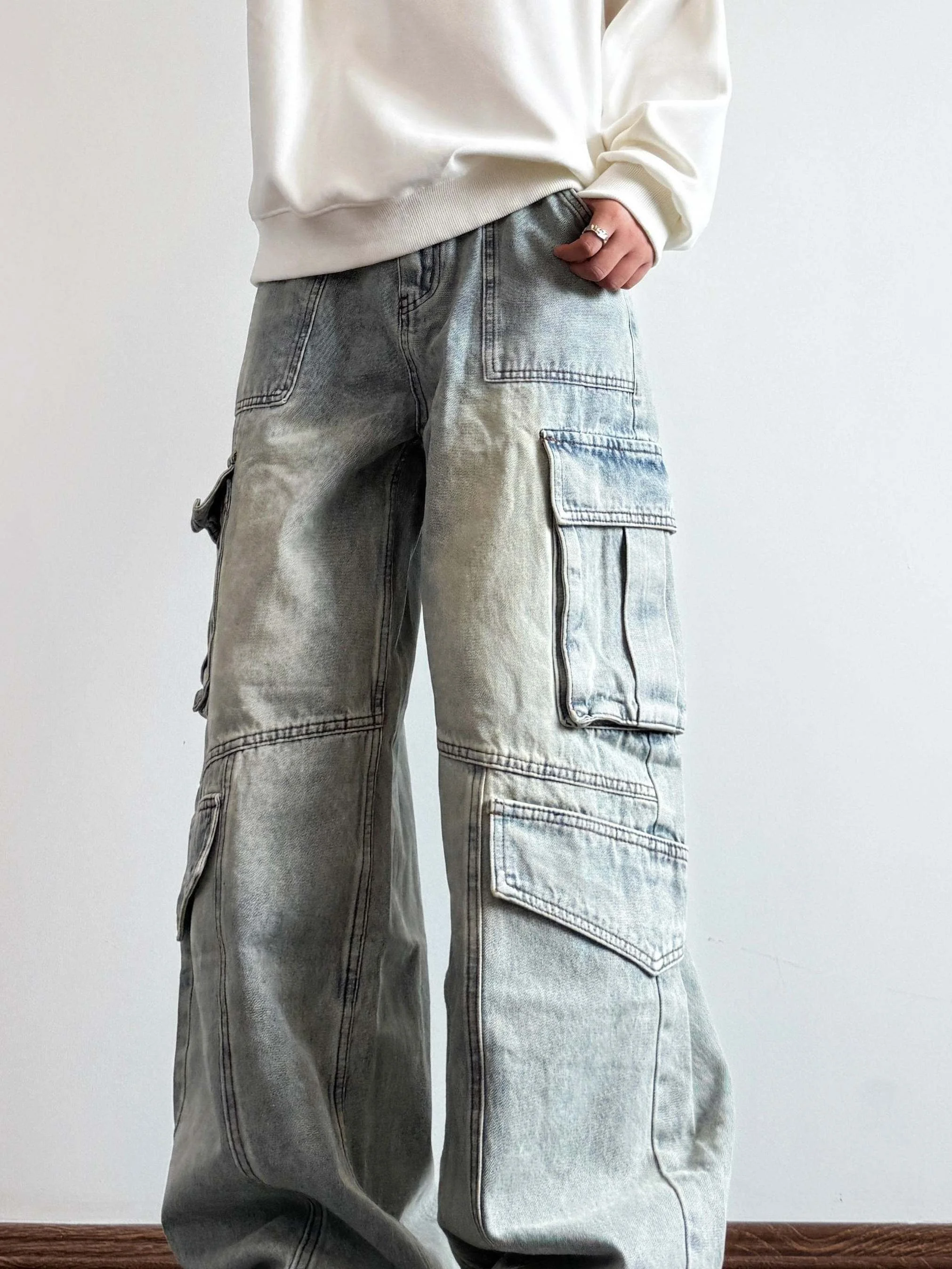 Calças Jeans Retrô Americanas com Recortes, Estilo Workwear, Soltas e Casuais para Homens e Mulheres, com Bolsos, Moda Jovem,...