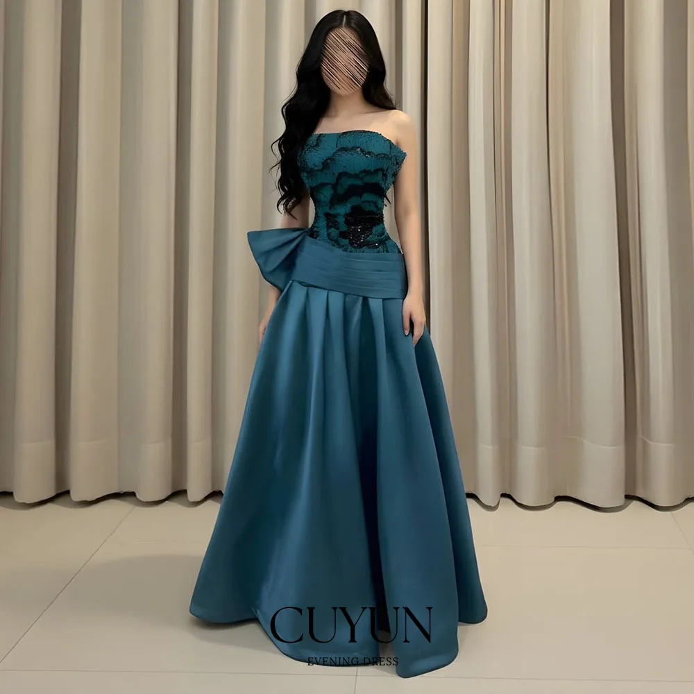 Cuyun personalizado saudita vestidos de baile sem alças floral renda até o chão vestido de festa uma linha cerceta arco drapeado vestido de noite