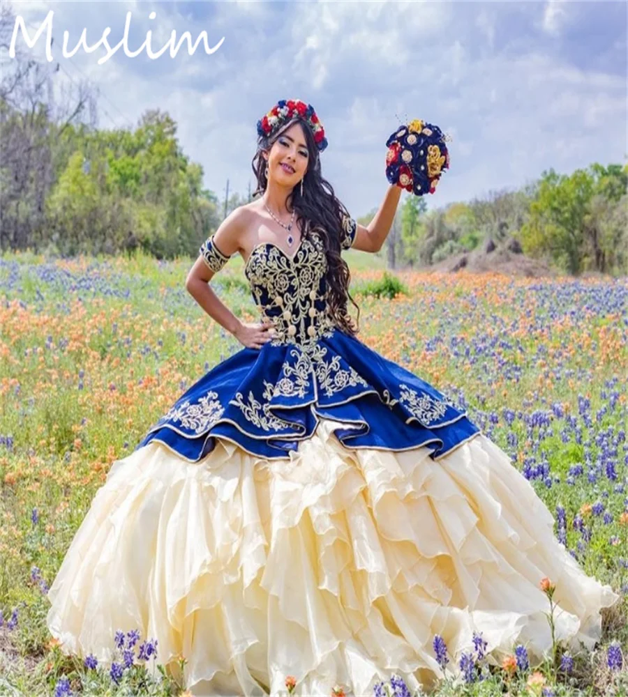 Charro Navy Blue Gold Quinceanera Dresses Mexican Embroidery Organza Ruffles Birthday Party Vestidos De 15 Años Customized