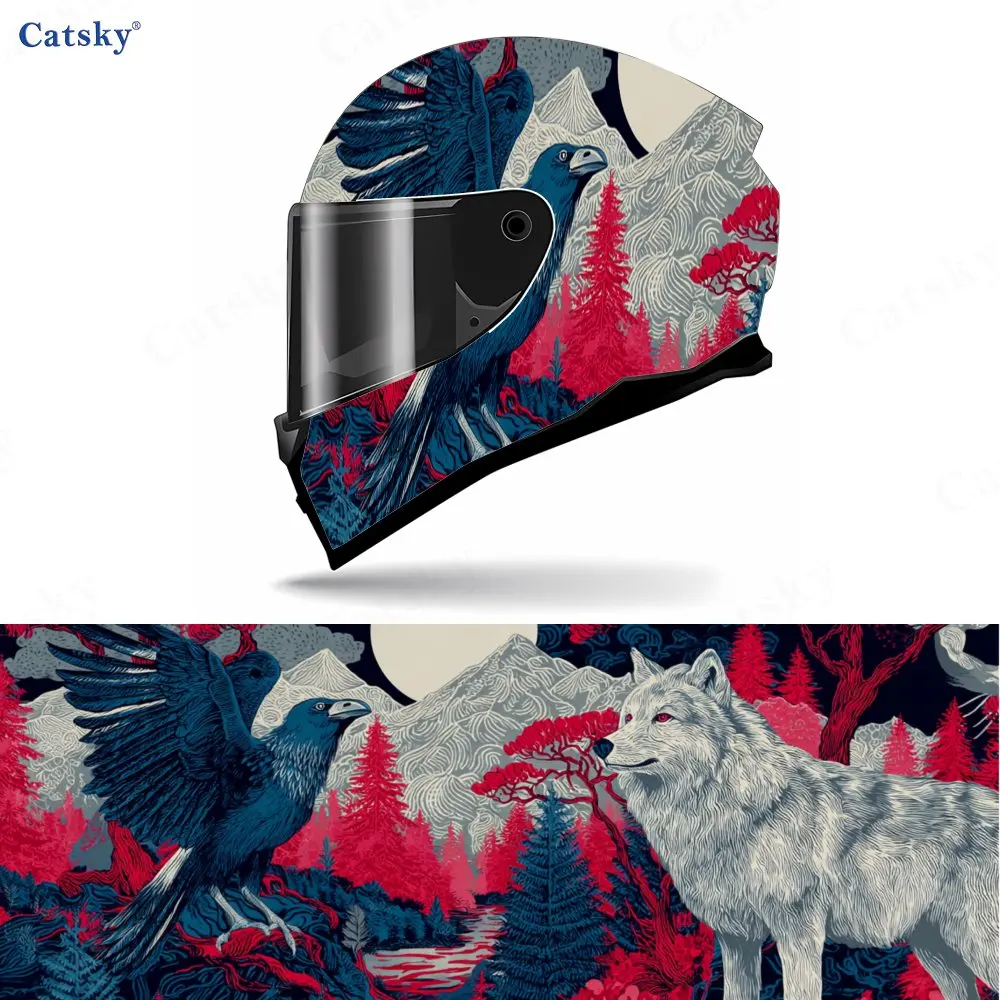 

Wolf, Red Trees & Bird Motorcycle Helmet Decal, Waterproof Self-adhesive Helmet Vinyl Wraps Sticker, Cool DIY Graffiti Film, Gif